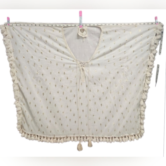 Z&L Gold Foil Cactus Print Tassel Boho Cover Up Poncho Medium Cream 100% Cotton - Picture 11 of 16
